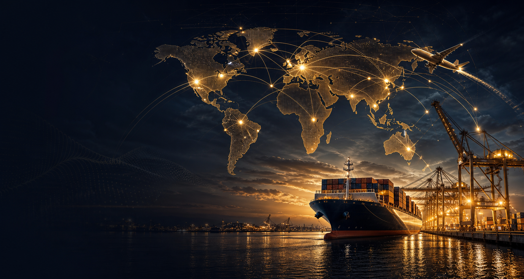 Premium global trade routes, cargo shipping, aircraft logistics, and gold world map
